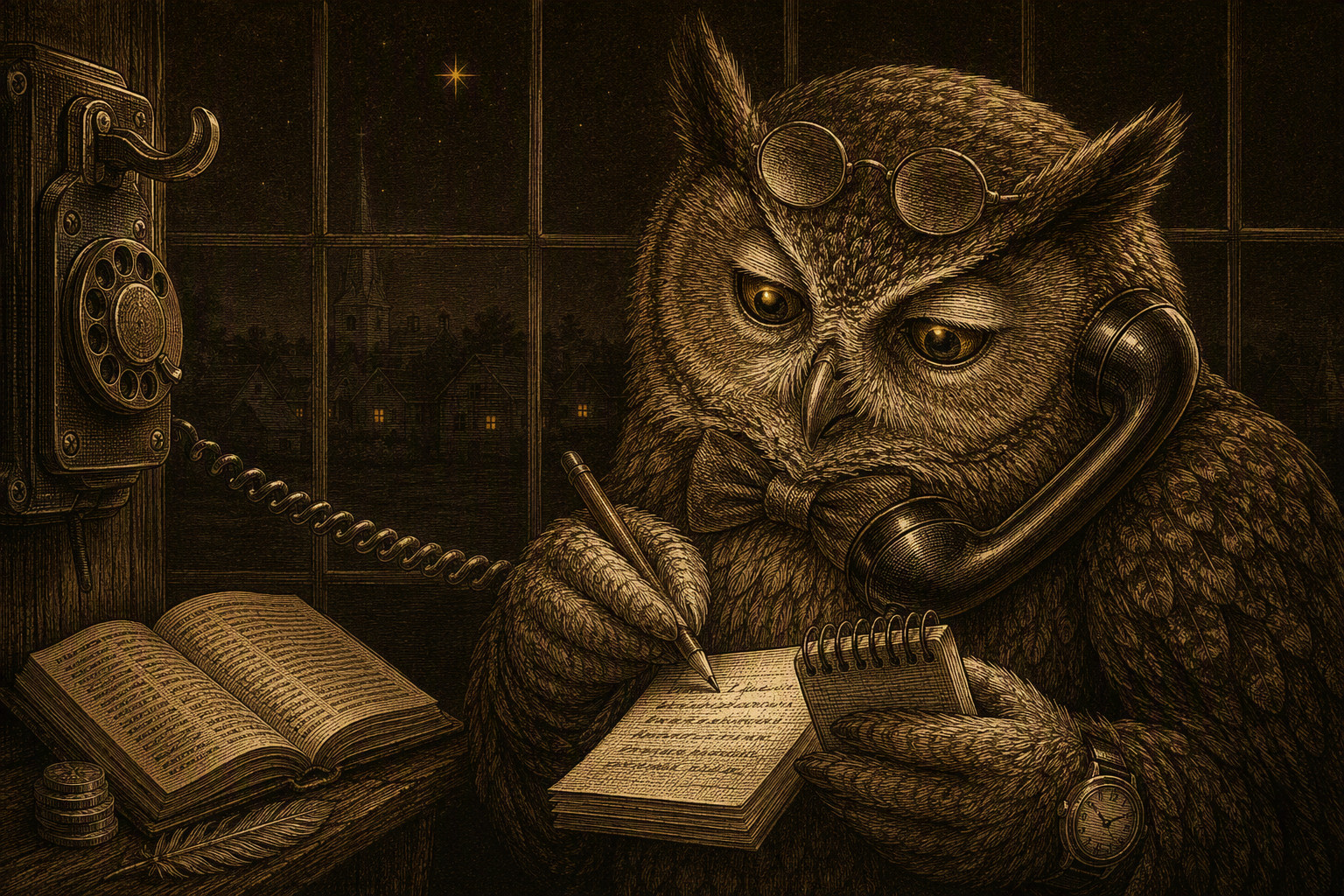 Etching-style illustration: an owl in spectacles and a bow tie writing in a notepad with a telephone handset at his ear, a village at night through the window behind him